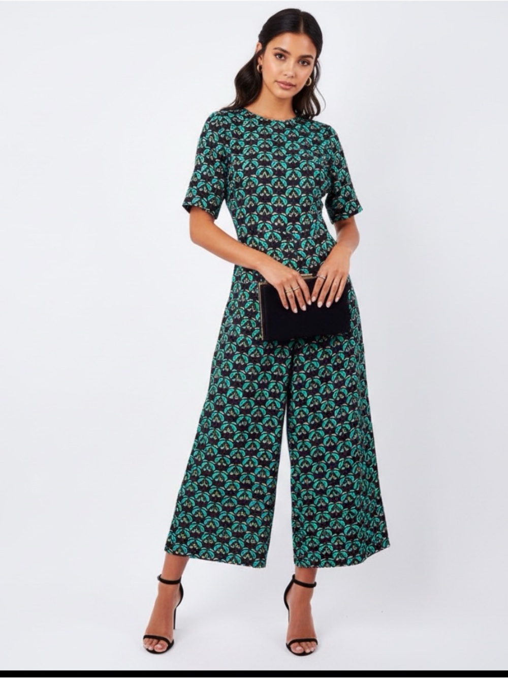 Traffic People Wide-Leg Short-Sleeve Jumpsuit in Green Print